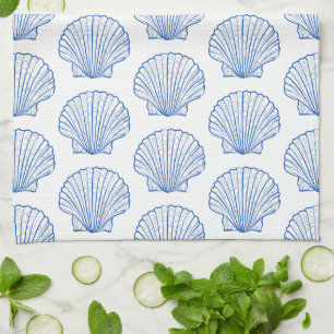 Coastal Blue and White Scallop Seashell Kitchen Towel
