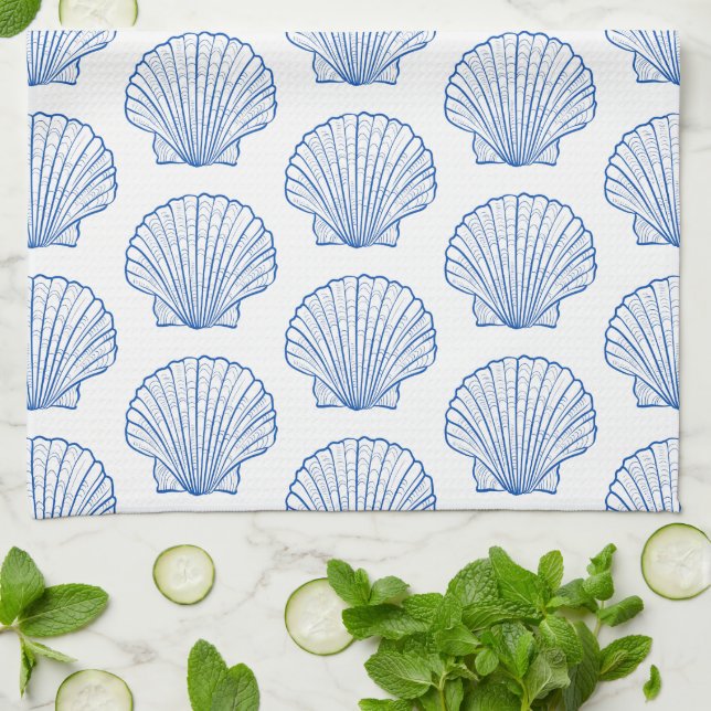 Coastal Blue and White Scallop Seashell Kitchen Towel (Folded)