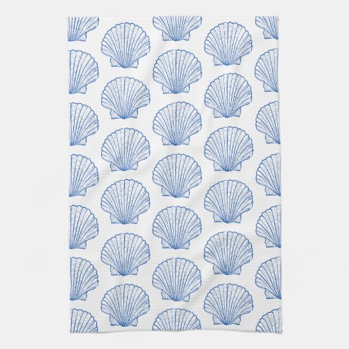 Coastal Blue and White Scallop Seashell Kitchen Towel