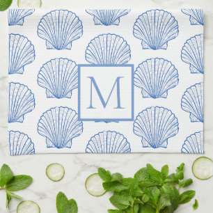 Coastal Blue and White Scallop Seashell Monogram Kitchen Towel