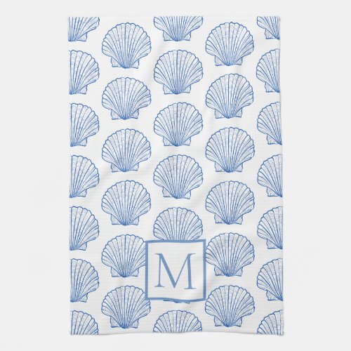 Coastal Blue and White Scallop Seashell Monogram Kitchen Towel