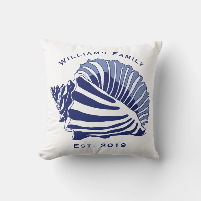 Coastal Blue and White Seashell Family Name Throw Pillow (Front)