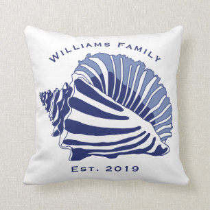 Coastal Blue and White Seashell Family Name Throw Pillow