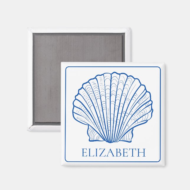 Coastal Blue and White Seashell Personalized Magnet (Front/Back)