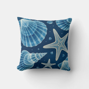 Coastal Blue and White Seashells and Starfish Throw Pillow