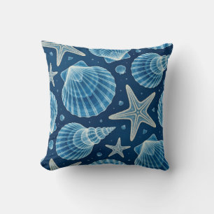 Coastal Blue and White Seashells and Starfish Throw Pillow