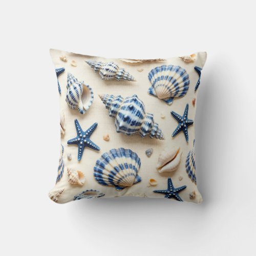 Coastal Blue and White Seashells and Starfish Throw Pillow