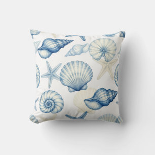 Coastal Blue and White Seashells and Starfish Throw Pillow