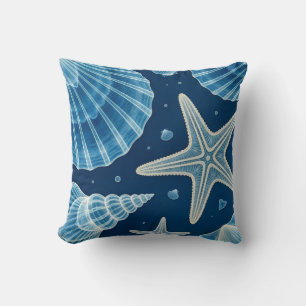 Coastal Blue and White Seashells and Starfish Throw Pillow