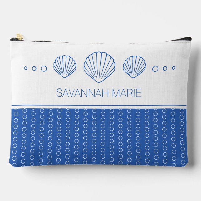 Coastal Blue and White Seashells Personalized Accessory Pouch (Front)