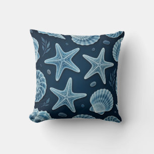 Coastal Blue and White Seashells Throw Pillow