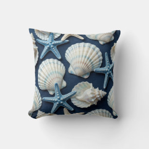 Coastal Blue and White Seashells Throw Pillow