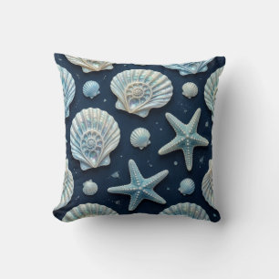 Coastal Blue and White Seashells Throw Pillow