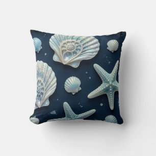 Coastal Blue and White Seashells Throw Pillow
