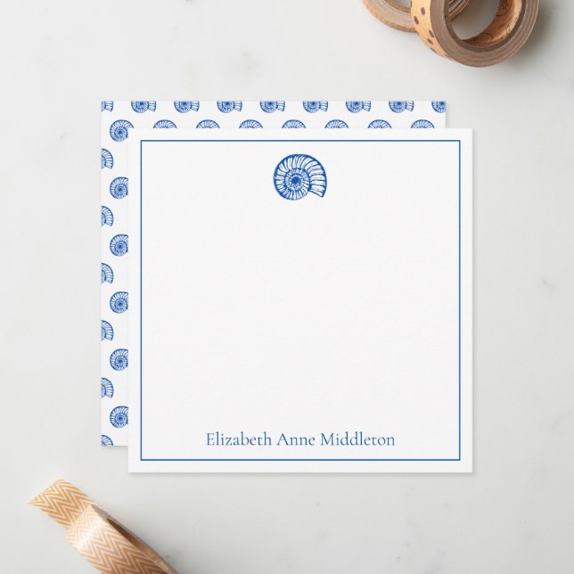 Coastal Blue and White Shell Personalized Note Card (Front/Back In Situ)