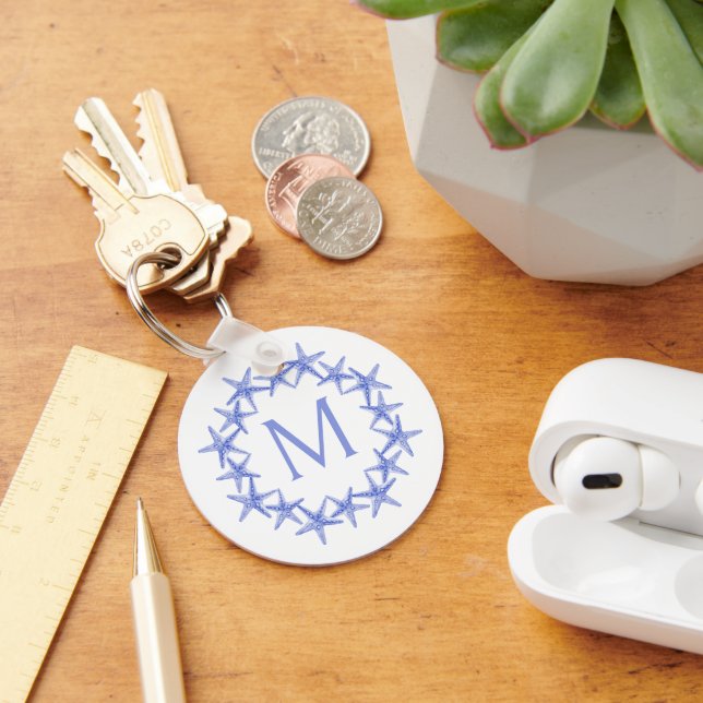 Coastal Blue and White Starfish Wreath Monogram Keychain (Desk)