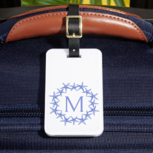 Coastal Blue and White Starfish Wreath Monogram Luggage Tag