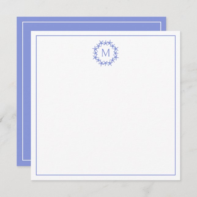 Coastal Blue and White Starfish Wreath Monogram Note Card (Front/Back)
