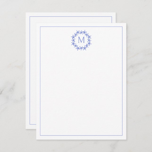 Coastal Blue and White Starfish Wreath Monogram Note Card (Front/Back)