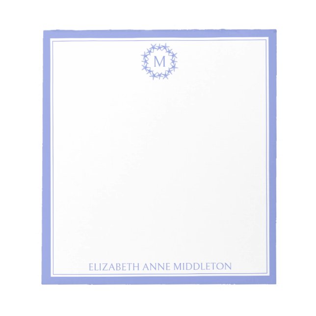Coastal Blue and White Starfish Wreath Monogram Notepad (Front)