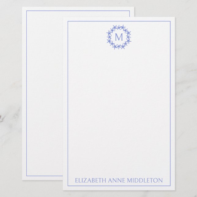 Coastal Blue and White Starfish Wreath Monogram Stationery (Front/Back)