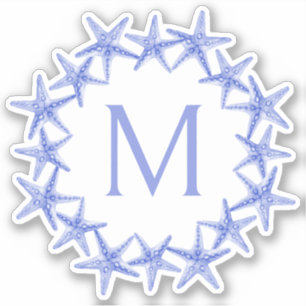 Coastal Blue and White Starfish Wreath Monogram Sticker