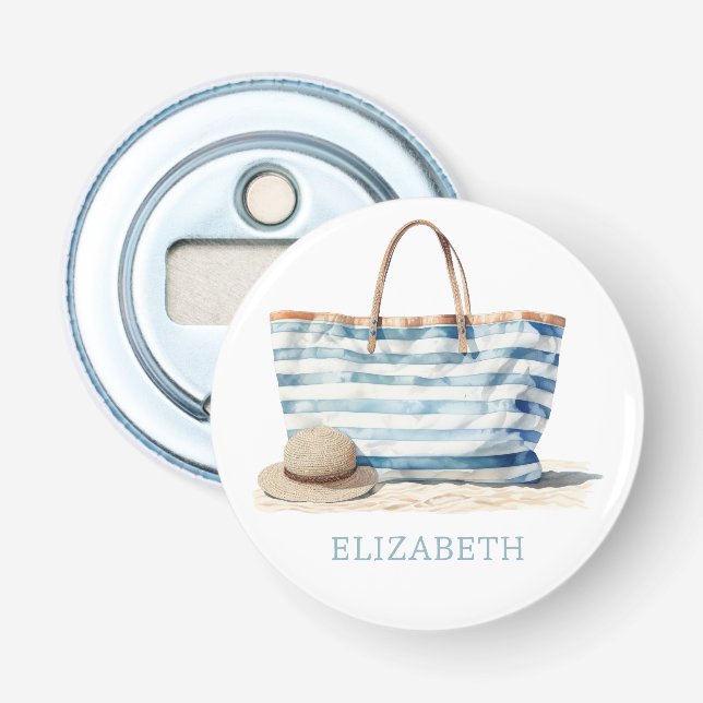 Coastal Blue and White Stripe Beach Tote Bottle Opener (Front)
