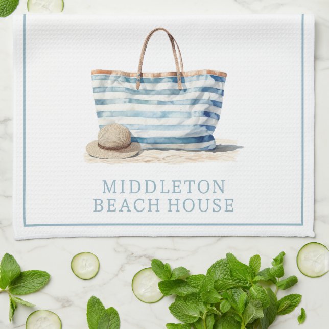 Coastal Blue and White Stripe Beach Tote Kitchen Towel (Folded)