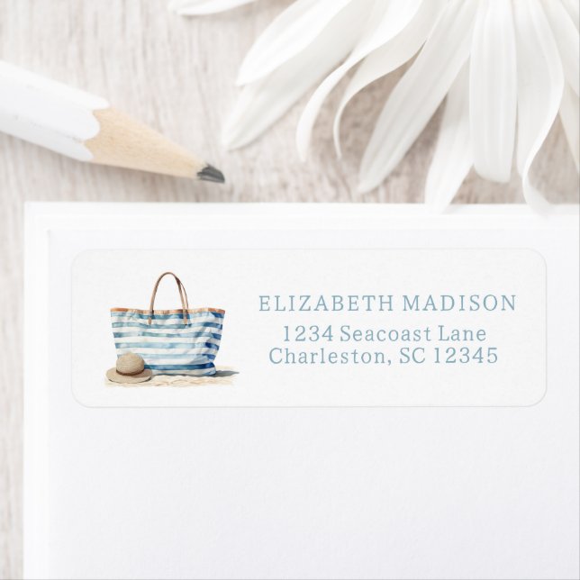 Coastal Blue and White Stripe Beach Tote Label (Insitu)