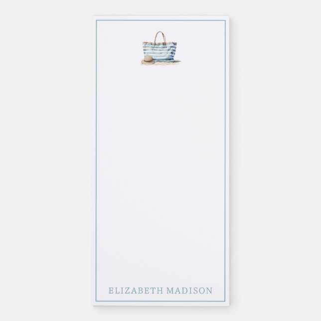 Coastal Blue and White Stripe Beach Tote Magnetic Notepad (Front)