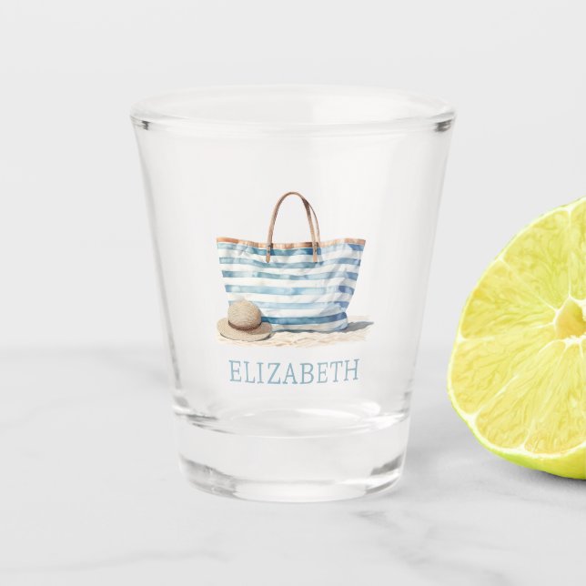 Coastal Blue and White Stripe Beach Tote Shot Glass (Front)