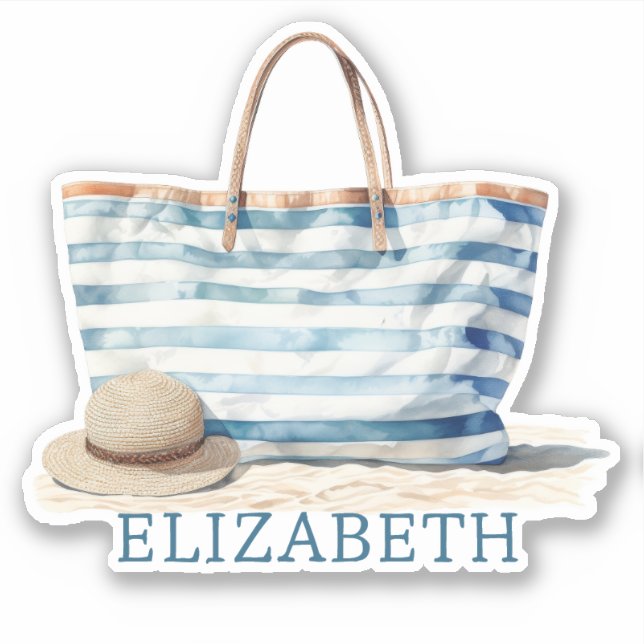 Coastal Blue and White Stripe Beach Tote Sticker (Front)