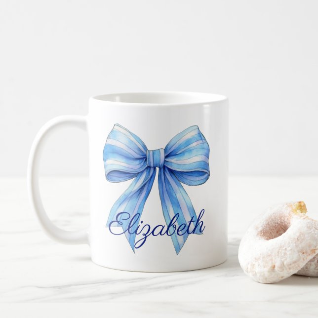 Coastal Blue and White Watercolor Bow Personalized Coffee Mug (With Donut)