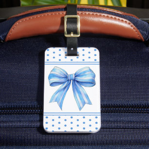 Coastal Blue and White Watercolor Bow Personalized Luggage Tag