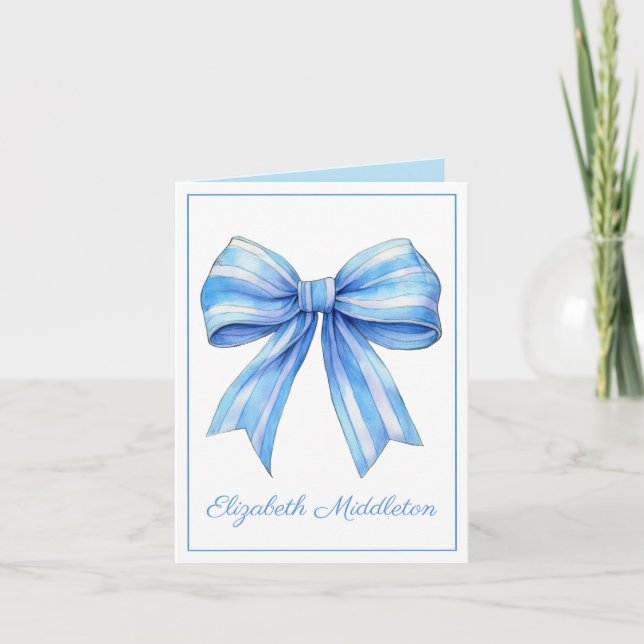 Coastal Blue and White Watercolor Bow Personalized Note Card (Front)