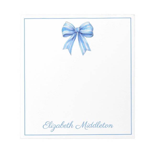 Coastal Blue and White Watercolor Bow Personalized Notepad (Front)