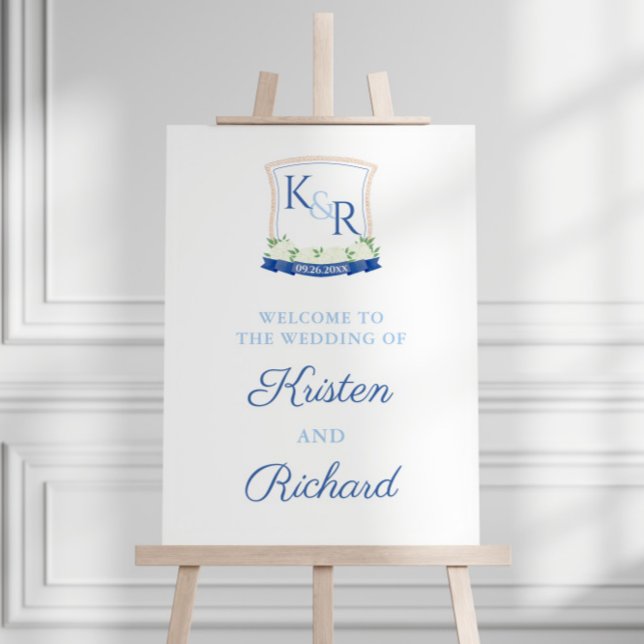 Coastal Blue And White Wedding Crest Welcome Sign (Nautical Inspired Couples Crest With Ship's Rope Detail Wedding Welcome Sign)