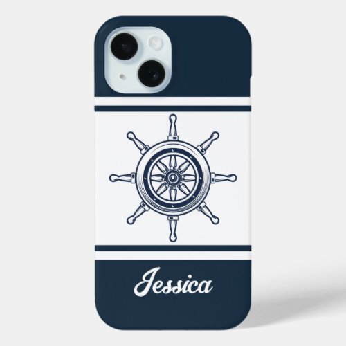 Coastal Blue Beach House Boat Ship Helm Nautical iPhone 15 Case