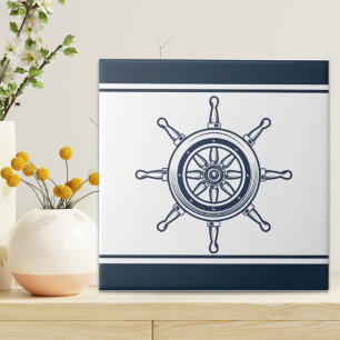 Coastal Blue Beach House Boat Ship Helm Nautical Ceramic Tile