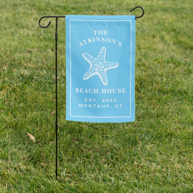 Coastal Blue Beach House Starfish Garden Flag (In SItu)