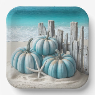 Coastal Blue Beach Pumpkins Paper Plates