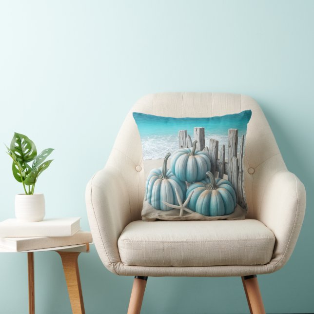 Coastal Blue Beach Pumpkins  Throw Pillow (Chair)