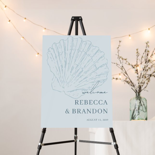 Coastal Blue Beach Seashell Wedding Welcome Sign (In Situ (Stand))