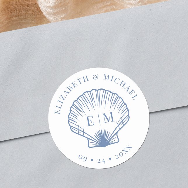 Coastal Blue Beach Shell Monogram Wedding Classic Round Sticker (Creator Uploaded)