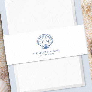 Coastal Blue Beach Shell Monogram Wedding Invitation Belly Band