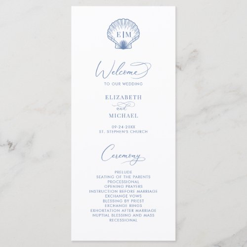 Coastal Blue Beach Shell Monogram Wedding Program