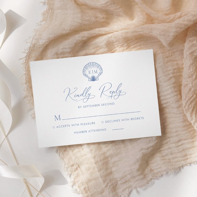 Coastal Blue Beach Shell Monogram Wedding RSVP Card (Creator Uploaded)