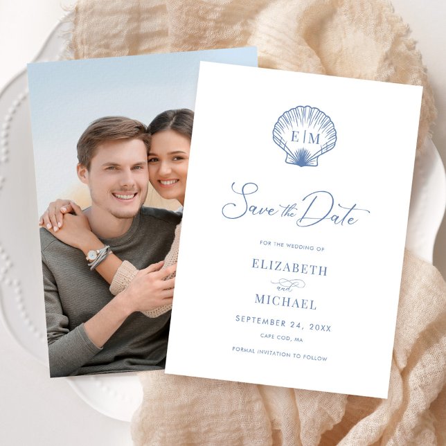 Coastal Blue Beach Shell Monogram Wedding Save The Date (Creator Uploaded)
