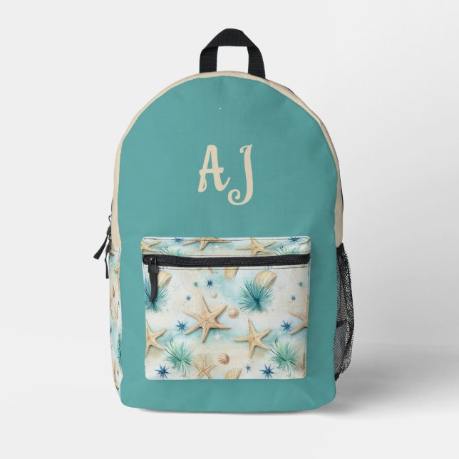 Coastal Blue & Beige Starfish Personalized Printed Backpack (Front)