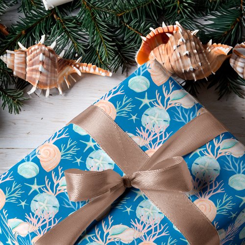 Coastal Blue Christmas Watercolor Seashell Pattern Wrapping Paper